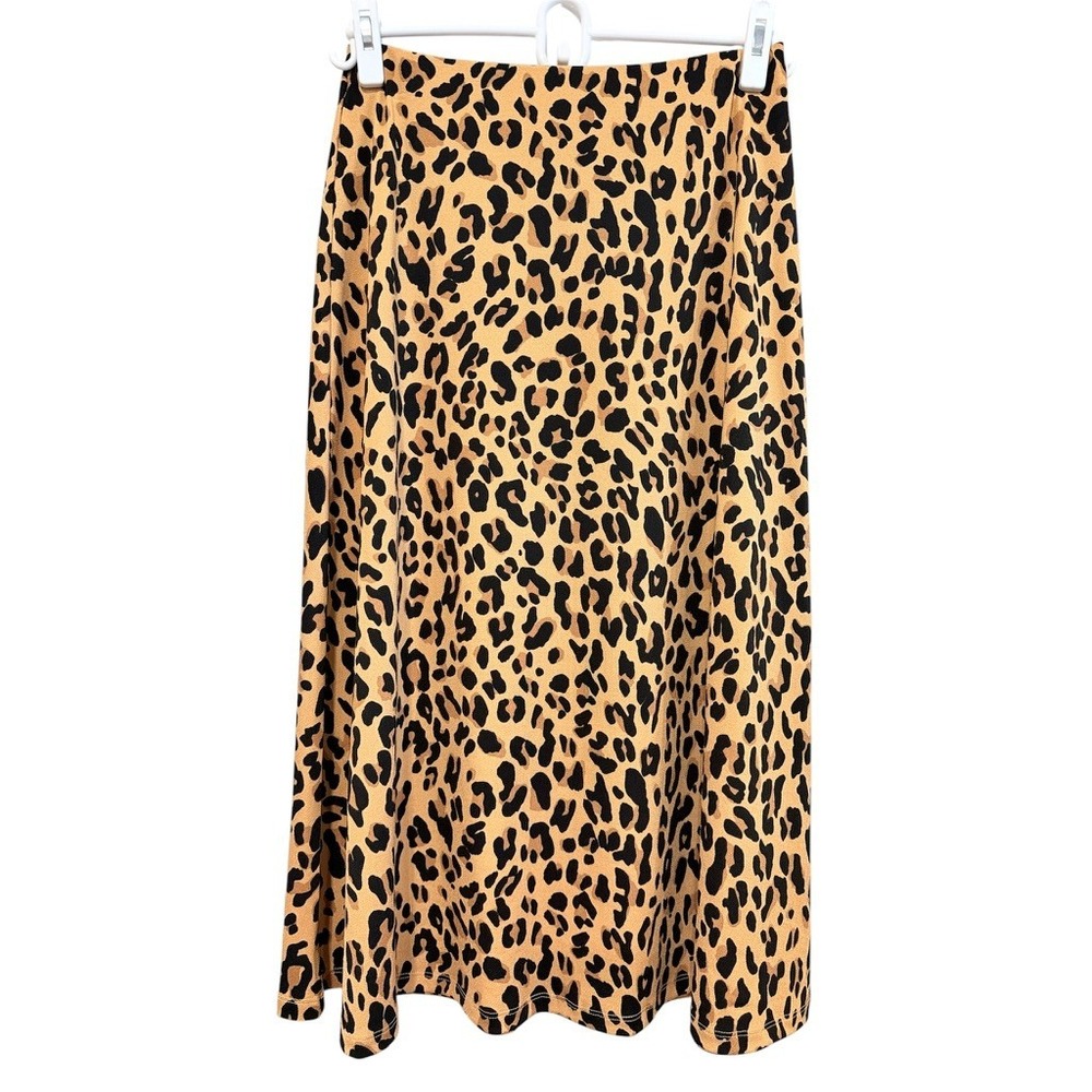 Nine West Midi Skirt Women Size S‎ Tan Leopard Print Elastic Waist Stretch - Picture 1 of 9